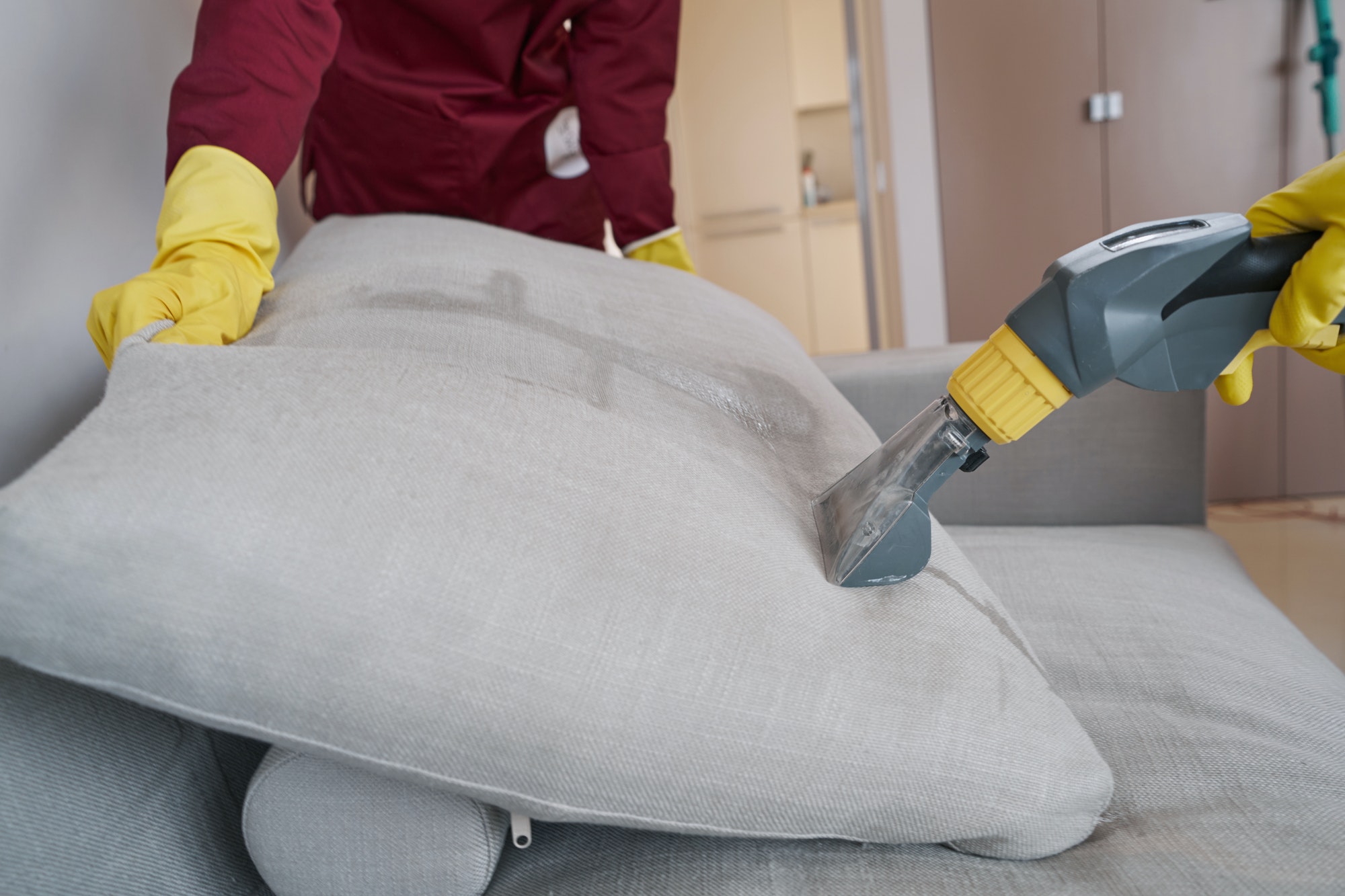 Team of skilled workers steam-cleaning couch cushion