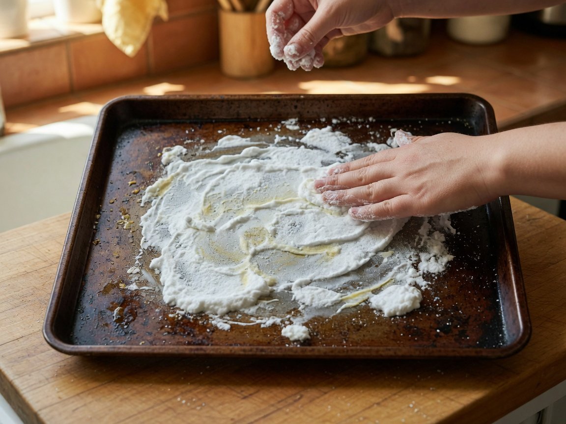 Hands applying baking soda paste to burnt spots on a sheet pan during cleaning
