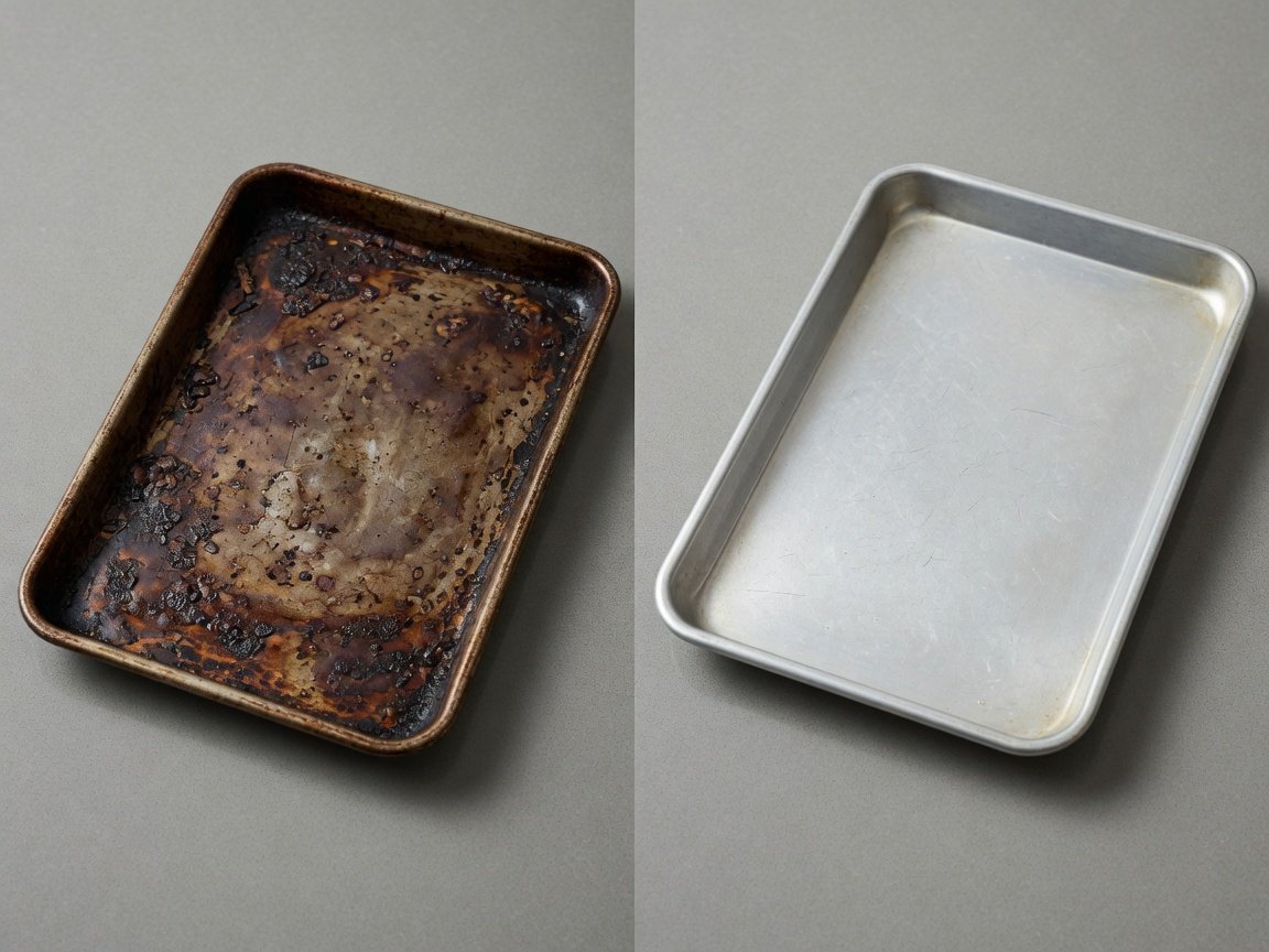 Before and after cleaning a sheet pan — heavily discoloured pan next to a clean restored pan