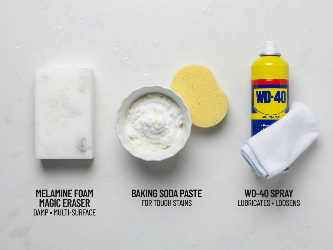 Three crayon wall cleaning methods side by side: Magic Eraser sponge, baking soda paste bowl, and WD-40 spray can with cloth