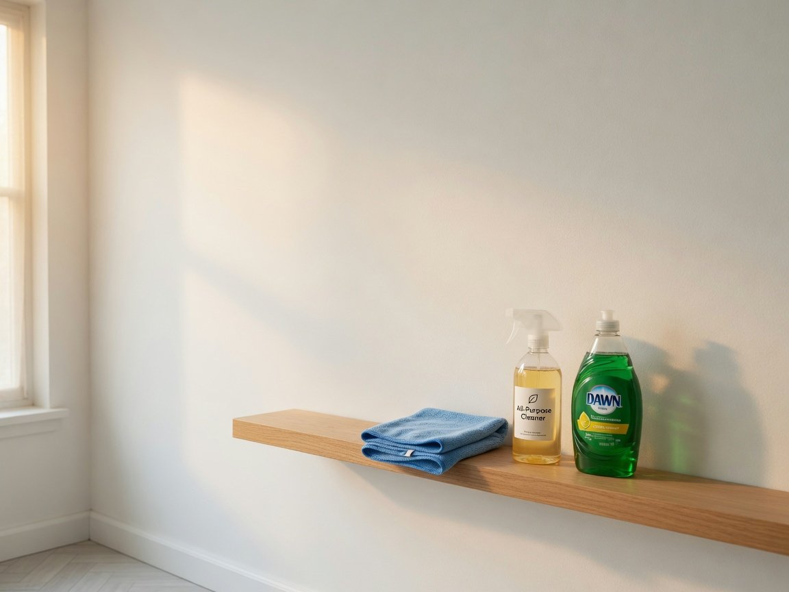 Clean bright white painted interior wall fully restored after crayon removal with tidy cleaning supplies on a shelf below