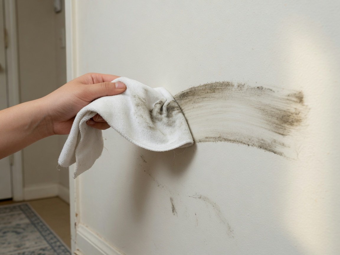 Close-up of microfiber cloth wiping grime from a wall surface in straight horizontal strokes before painting