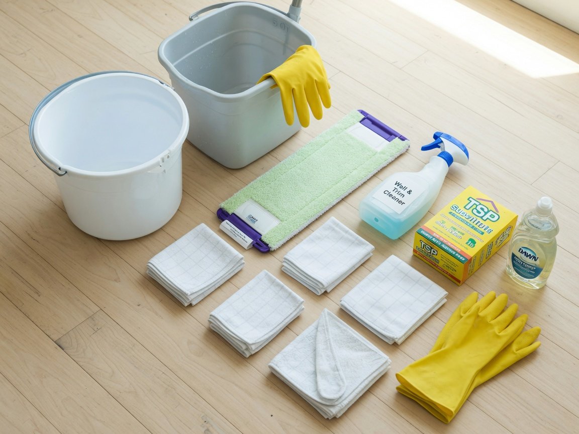 Wall cleaning supplies laid out before painting — dish soap, buckets, microfiber mop, and TSP substitute